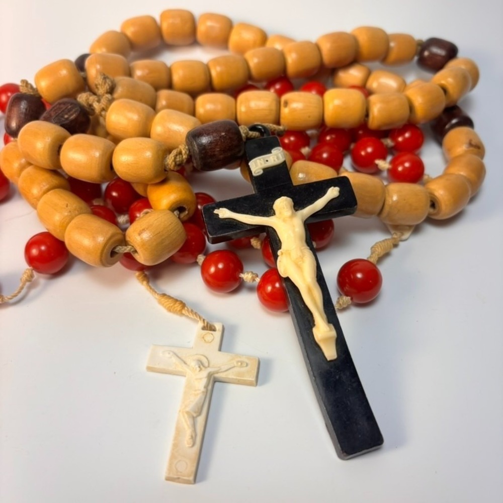 Vintage Wall Rosary Lot Wood Acrylic 33 in Hand Tied